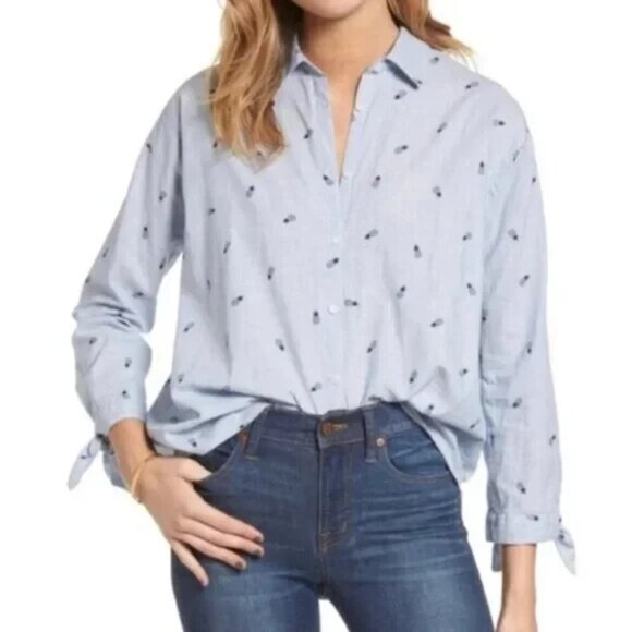 Madewell Chambray Blue Pineapple Print 100% Cotton Button Up Shirt Size Large - Picture 1 of 8